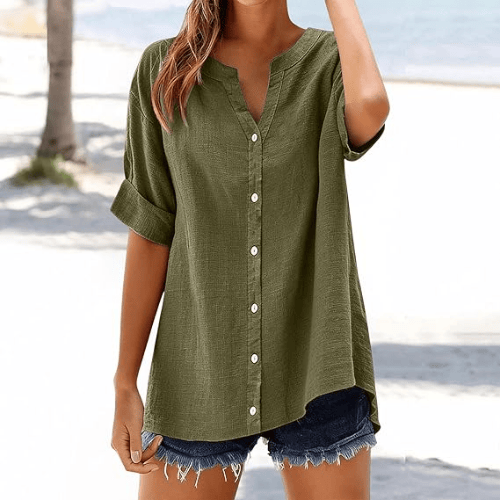 Women’s Plus Size Cotton-Linen Gauze Blouse – Flowy Button-Down Shirt