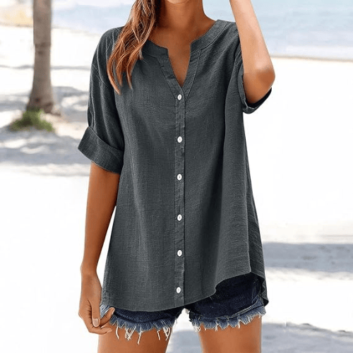 Women’s Plus Size Cotton-Linen Gauze Blouse – Flowy Button-Down Shirt