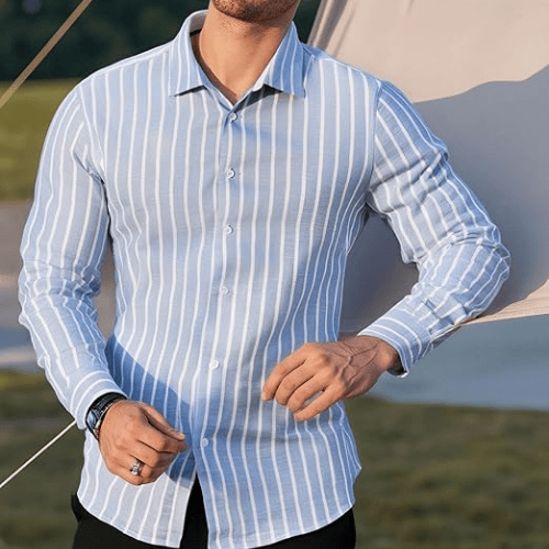 Men’s Long Sleeve Cotton-Linen Striped Shirt