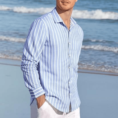 Men’s Long Sleeve Cotton-Linen Striped Shirt