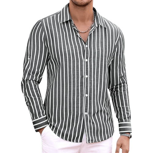 Men’s Long Sleeve Cotton-Linen Striped Shirt