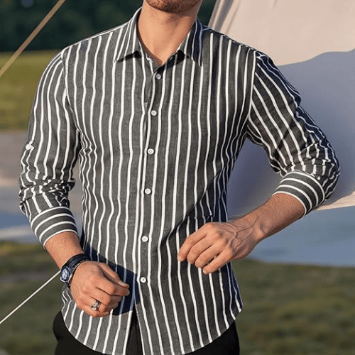 Men’s Long Sleeve Cotton-Linen Striped Shirt