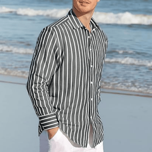 Men’s Long Sleeve Cotton-Linen Striped Shirt