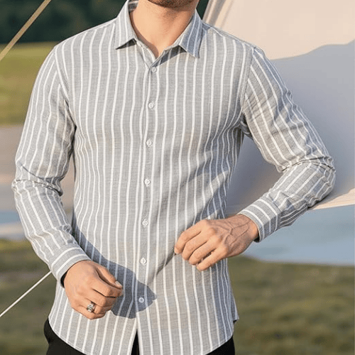 Men’s Long Sleeve Cotton-Linen Striped Shirt