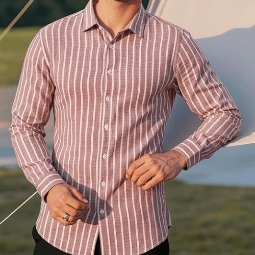 Men’s Long Sleeve Cotton-Linen Striped Shirt