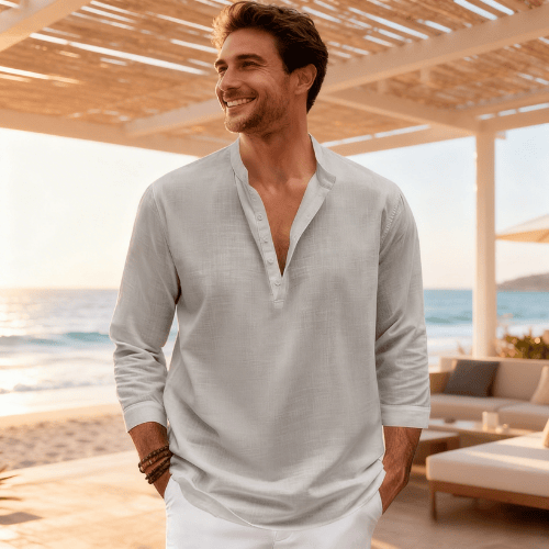 Men’s 3/4 Sleeve Cotton-Linen Henley Shirt