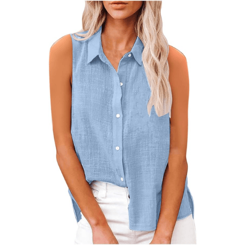 Women’s Sleeveless Cotton-Linen Button-Up – Oversized Collared Work Shirt