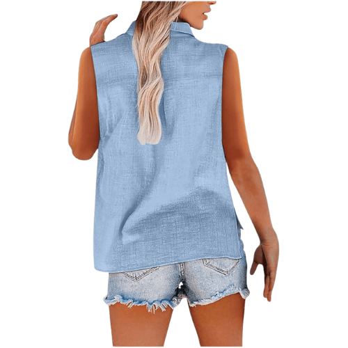 Women’s Sleeveless Cotton-Linen Button-Up – Oversized Collared Work Shirt