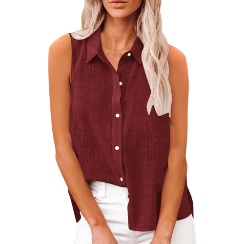 Women’s Sleeveless Cotton-Linen Button-Up – Oversized Collared Work Shirt