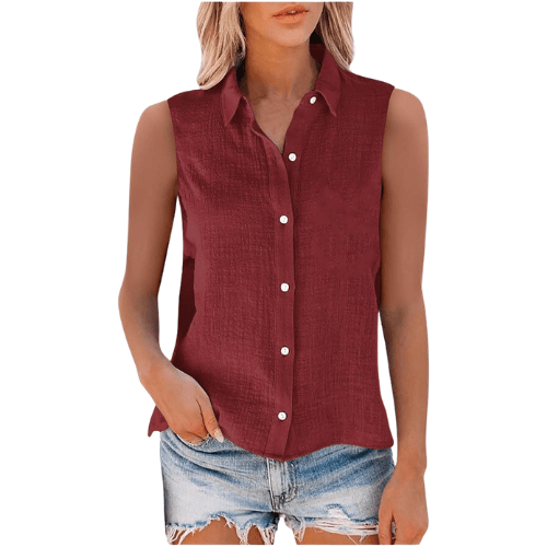 Women’s Sleeveless Cotton-Linen Button-Up – Oversized Collared Work Shirt
