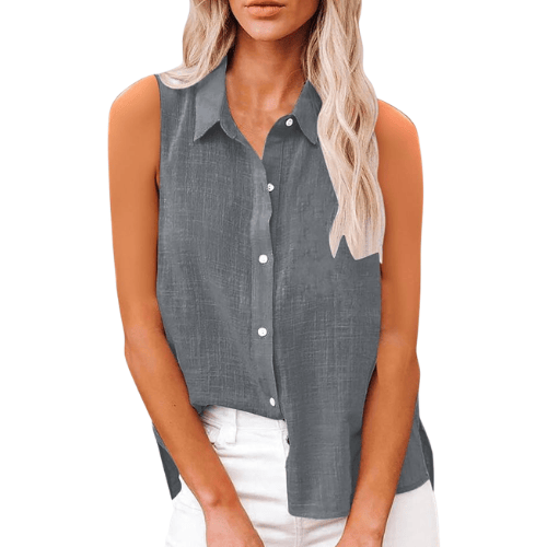 Women’s Sleeveless Cotton-Linen Button-Up – Oversized Collared Work Shirt