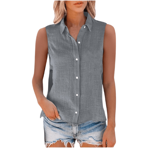 Women’s Sleeveless Cotton-Linen Button-Up – Oversized Collared Work Shirt