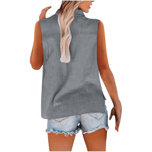 Women’s Sleeveless Cotton-Linen Button-Up – Oversized Collared Work Shirt