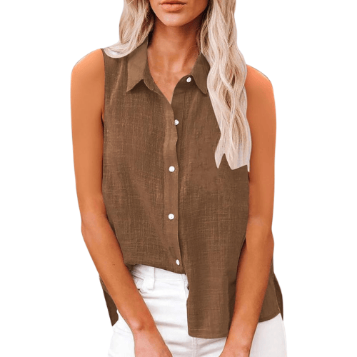 Women’s Sleeveless Cotton-Linen Button-Up – Oversized Collared Work Shirt