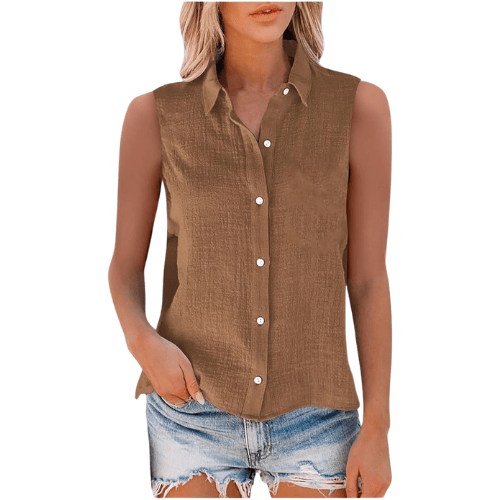 Women’s Sleeveless Cotton-Linen Button-Up – Oversized Collared Work Shirt