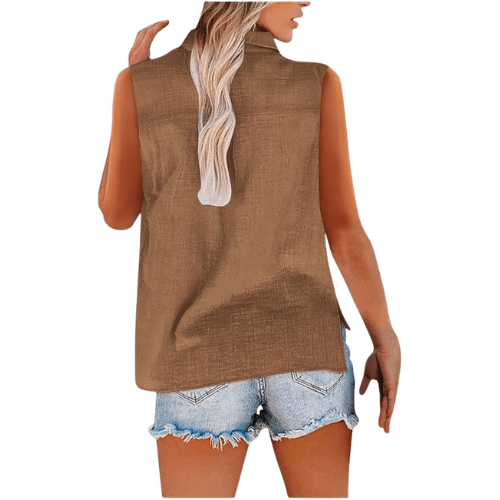 Women’s Sleeveless Cotton-Linen Button-Up – Oversized Collared Work Shirt