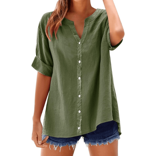 Women's Summer Cotton Linen Tops – Trendy Short Sleeve Button-Up V-Neck Shirts