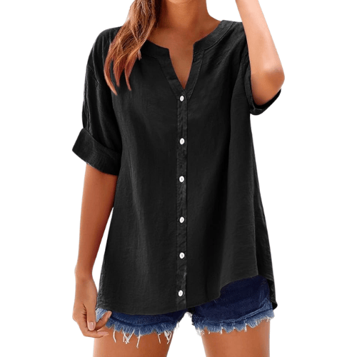 Women's Summer Cotton Linen Tops – Trendy Short Sleeve Button-Up V-Neck Shirts