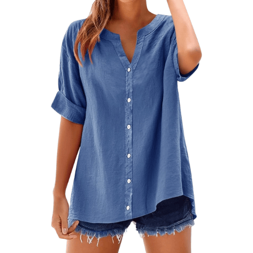 Women's Summer Cotton Linen Tops – Trendy Short Sleeve Button-Up V-Neck Shirts
