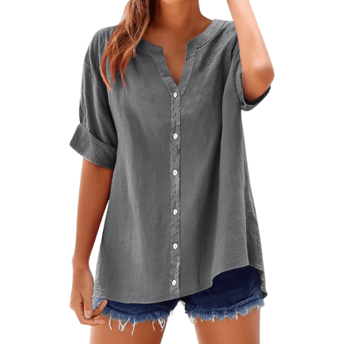 Women's Summer Cotton Linen Tops – Trendy Short Sleeve Button-Up V-Neck Shirts