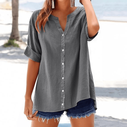 Women's Summer Cotton Linen Tops – Trendy Short Sleeve Button-Up V-Neck Shirts