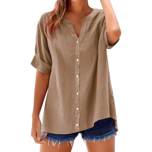 Women's Summer Cotton Linen Tops – Trendy Short Sleeve Button-Up V-Neck Shirts