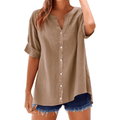 Women's Summer Cotton Linen Tops – Trendy Short Sleeve Button-Up V-Neck Shirts