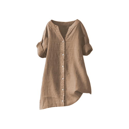 Women's Summer Cotton Linen Tops – Trendy Short Sleeve Button-Up V-Neck Shirts