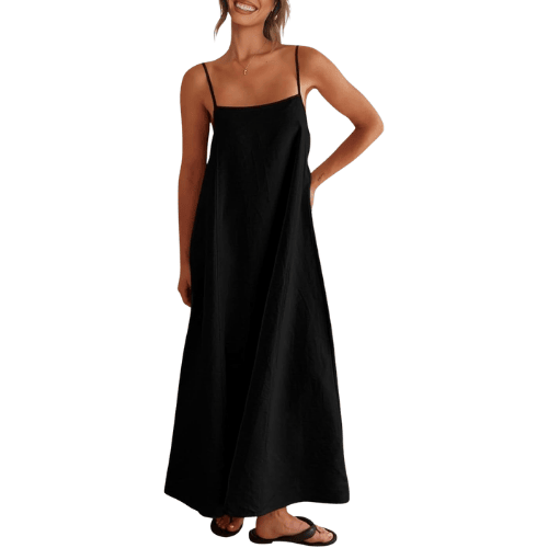 Modern "Riviera Contrast" Linen Maxi – Adjustable Spaghetti Strap Backless Dress