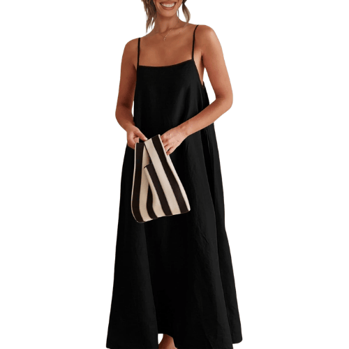 Modern "Riviera Contrast" Linen Maxi – Adjustable Spaghetti Strap Backless Dress
