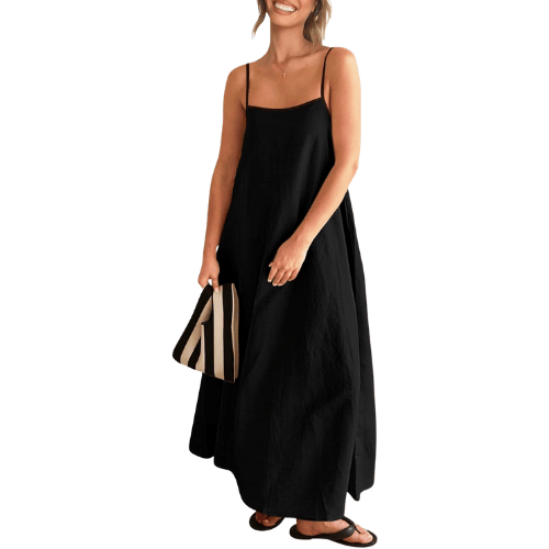 Modern "Riviera Contrast" Linen Maxi – Adjustable Spaghetti Strap Backless Dress