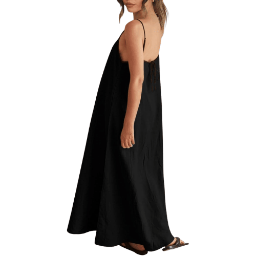 Modern "Riviera Contrast" Linen Maxi – Adjustable Spaghetti Strap Backless Dress