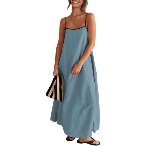 Modern "Riviera Contrast" Linen Maxi – Adjustable Spaghetti Strap Backless Dress