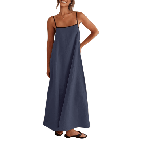 Modern "Riviera Contrast" Linen Maxi – Adjustable Spaghetti Strap Backless Dress