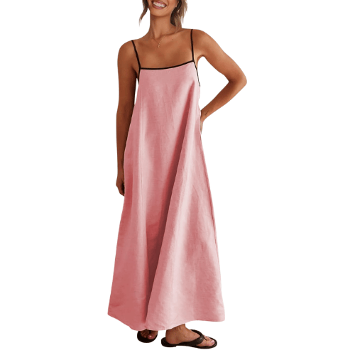 Modern "Riviera Contrast" Linen Maxi – Adjustable Spaghetti Strap Backless Dress