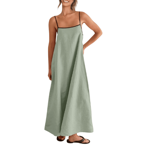 Modern "Riviera Contrast" Linen Maxi – Adjustable Spaghetti Strap Backless Dress