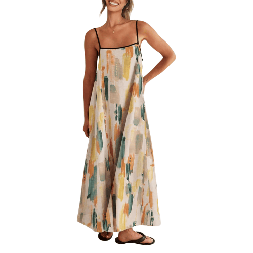 Modern "Riviera Contrast" Linen Maxi – Adjustable Spaghetti Strap Backless Dress