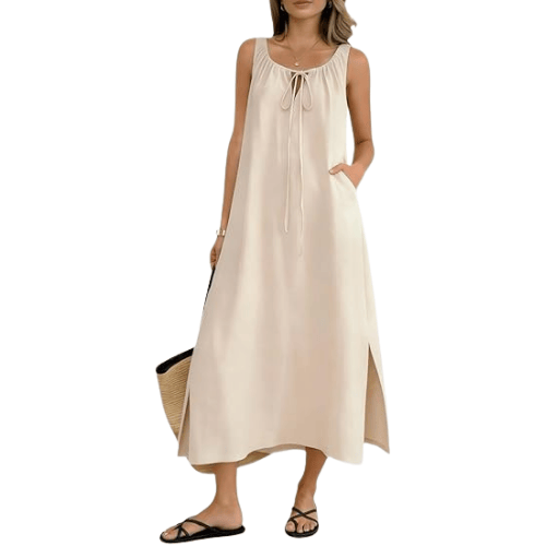 Modern "Earthy Breeze" Linen Maxi – Adjustable Drawstring Tank Sundress