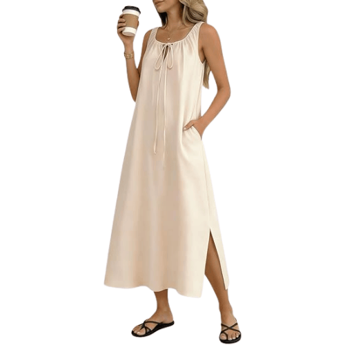 Modern "Earthy Breeze" Linen Maxi – Adjustable Drawstring Tank Sundress