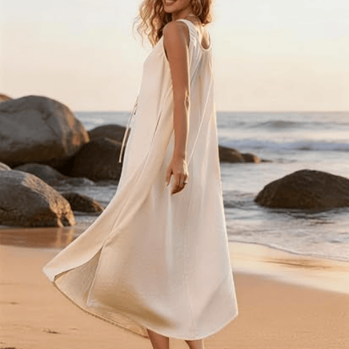 Modern "Earthy Breeze" Linen Maxi – Adjustable Drawstring Tank Sundress