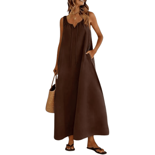 Modern "Earthy Breeze" Linen Maxi – Adjustable Drawstring Tank Sundress